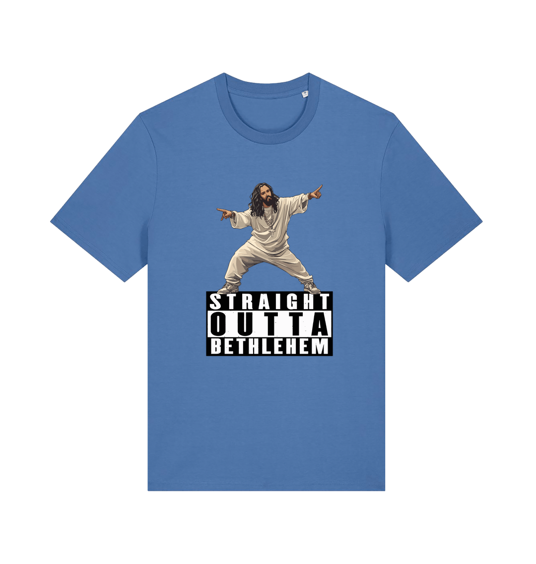 Blue funny jesus t-shirt with a graphic of a person in a robe and 'Straight Outta Bethlehem' text 