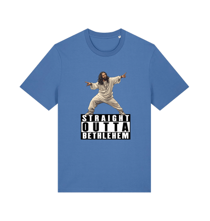 Blue funny jesus t-shirt with a graphic of a person in a robe and 'Straight Outta Bethlehem' text 