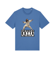 Blue funny jesus t-shirt with a graphic of a person in a robe and 'Straight Outta Bethlehem' text 