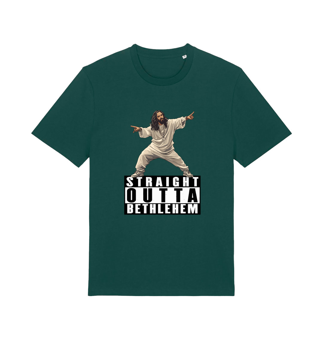 Green funny jesus t-shirt with a graphic of a person in a robe and 'Straight Outta Bethlehem' text 
