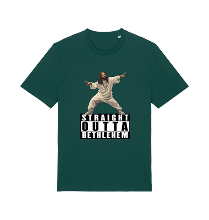 Green funny jesus t-shirt with a graphic of a person in a robe and 'Straight Outta Bethlehem' text 