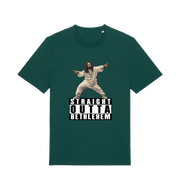 Green funny jesus t-shirt with a graphic of a person in a robe and 'Straight Outta Bethlehem' text 