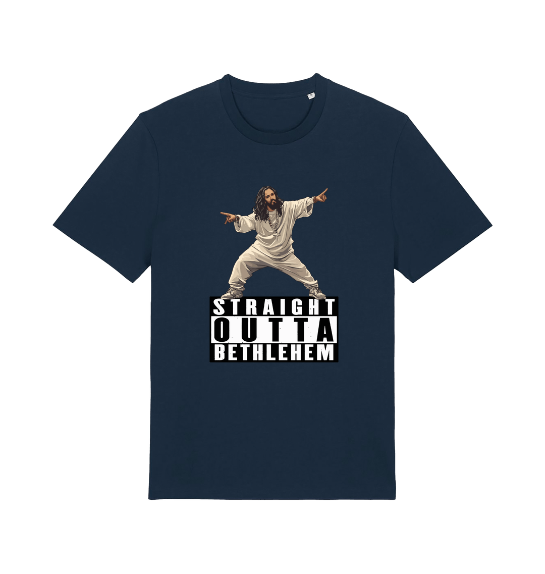 Navy funny jesus t-shirt with a graphic of a person in a robe and 'Straight Outta Bethlehem' text 