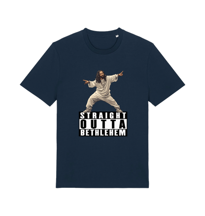 Navy funny jesus t-shirt with a graphic of a person in a robe and 'Straight Outta Bethlehem' text 