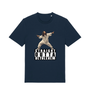 Navy funny jesus t-shirt with a graphic of a person in a robe and 'Straight Outta Bethlehem' text 