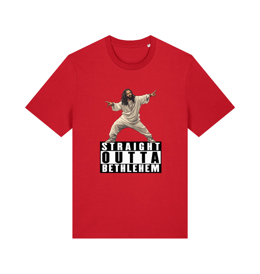 red funny jesus t-shirt with a graphic of a person in a robe and 'Straight Outta Bethlehem' text 
