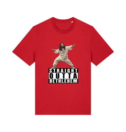 red funny jesus t-shirt with a graphic of a person in a robe and 'Straight Outta Bethlehem' text 