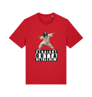 red funny jesus t-shirt with a graphic of a person in a robe and 'Straight Outta Bethlehem' text 