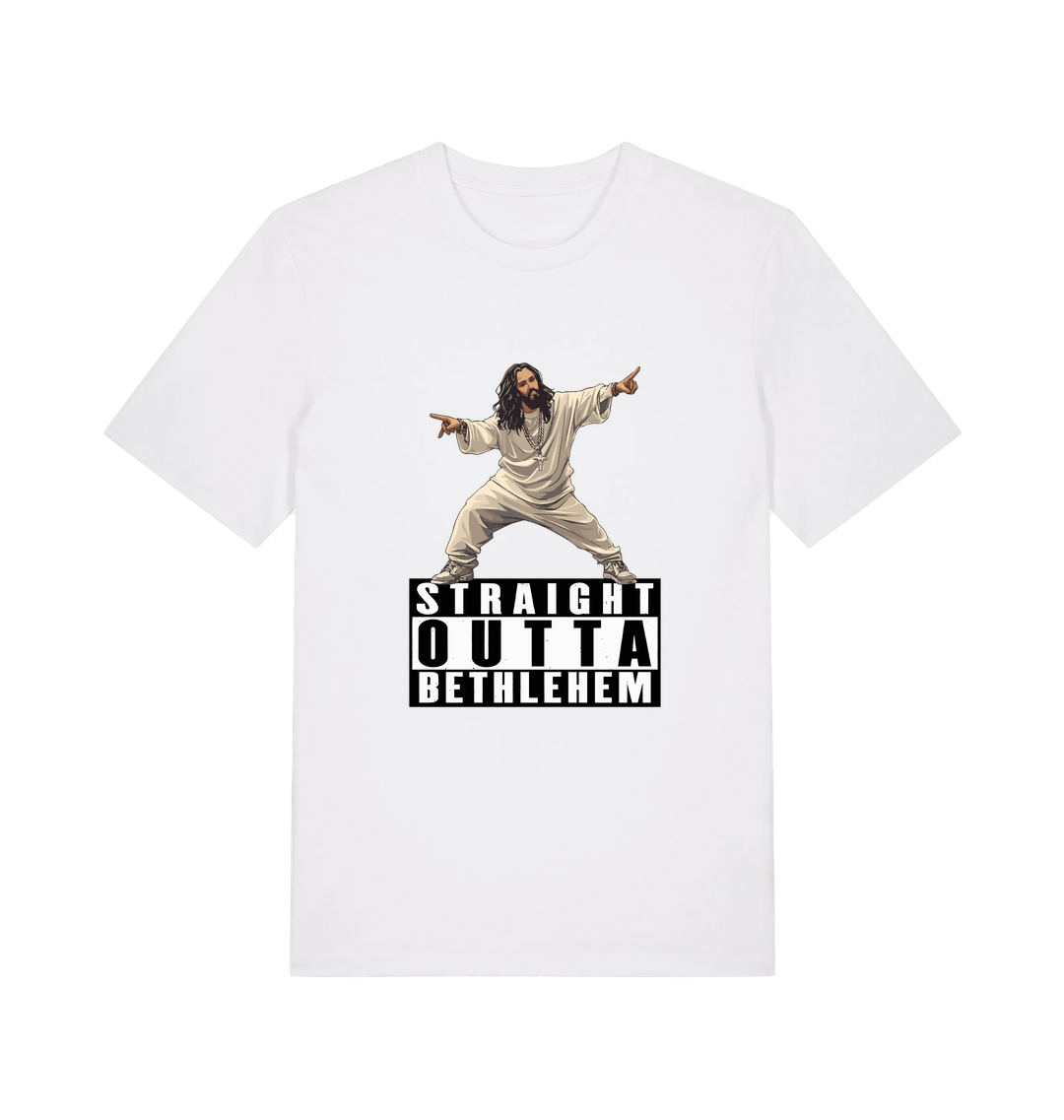 white funny jesus t-shirt with a graphic of a person in a robe and 'Straight Outta Bethlehem' text 