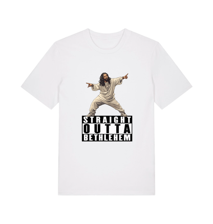 white funny jesus t-shirt with a graphic of a person in a robe and 'Straight Outta Bethlehem' text 