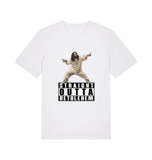 white funny jesus t-shirt with a graphic of a person in a robe and 'Straight Outta Bethlehem' text 