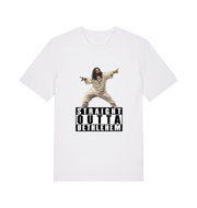 white funny jesus t-shirt with a graphic of a person in a robe and 'Straight Outta Bethlehem' text 