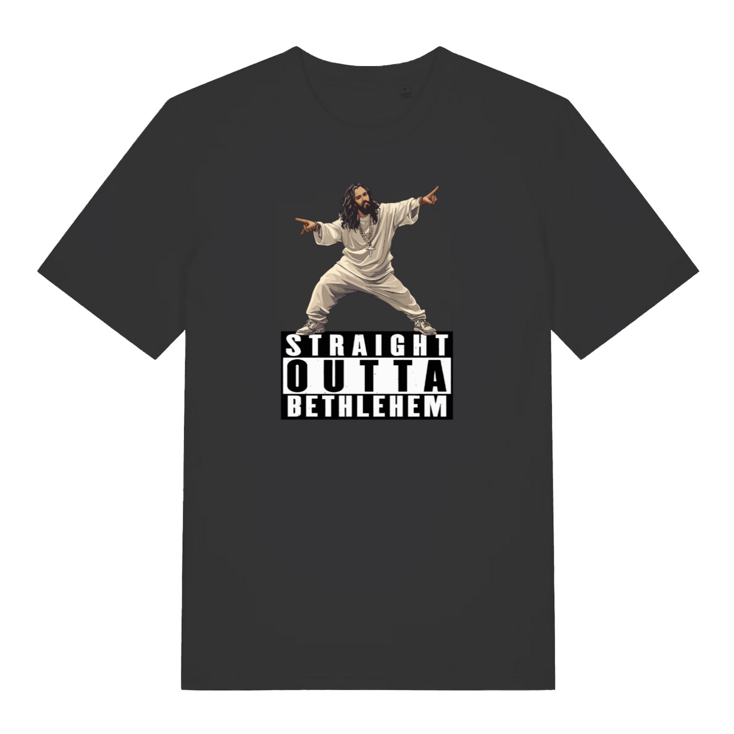 black funny jesus t-shirt with the graphic of jesus and the slogan 'straight outta bethlehem'
