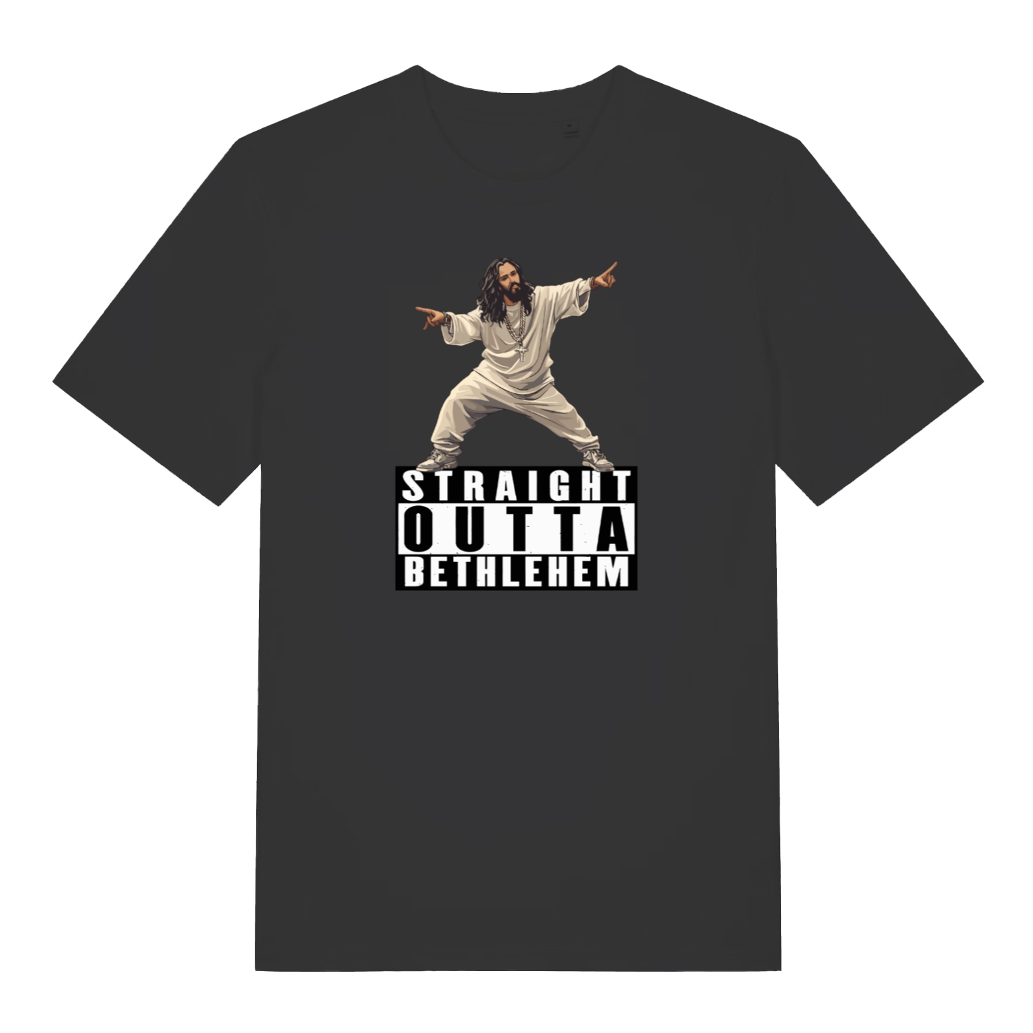 black funny jesus t-shirt with the graphic of jesus and the slogan 'straight outta bethlehem'