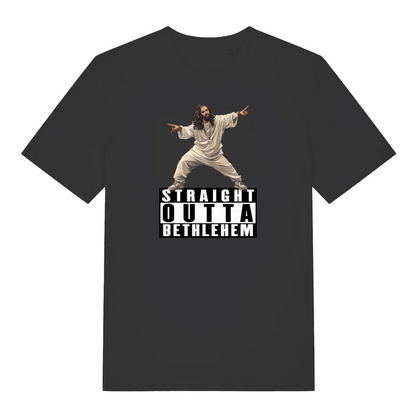 black funny jesus t-shirt with the graphic of jesus and the slogan 'straight outta bethlehem'