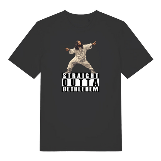 black funny jesus t-shirt with the graphic of jesus and the slogan 'straight outta bethlehem'