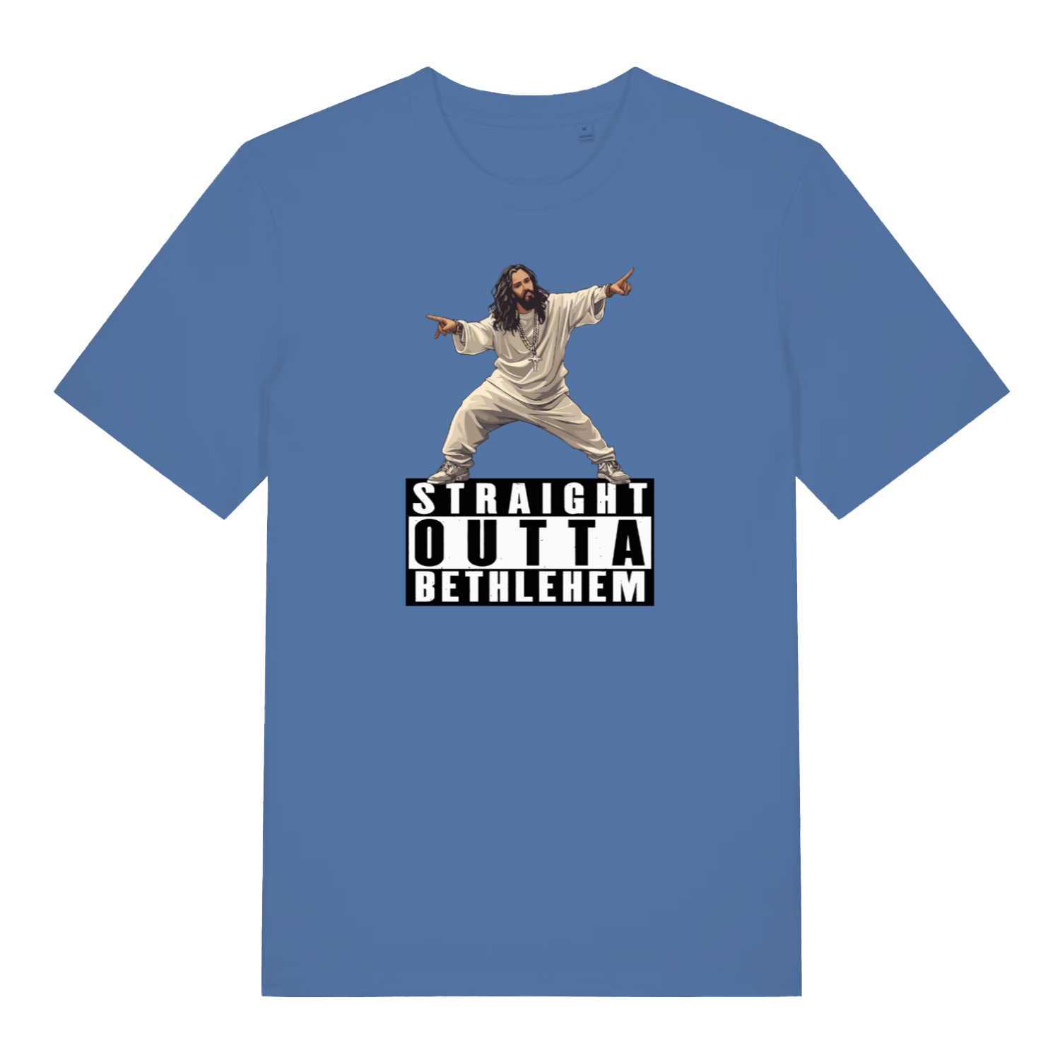 blue funny jesus t-shirt with the graphic of jesus and the slogan 'straight outta bethlehem'