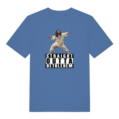blue funny jesus t-shirt with the graphic of jesus and the slogan 'straight outta bethlehem'