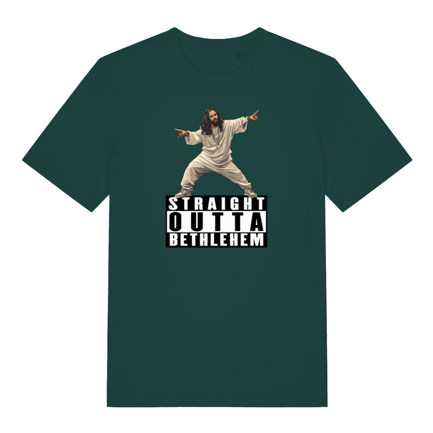 green funny jesus t-shirt with the graphic of jesus and the slogan 'straight outta bethlehem'