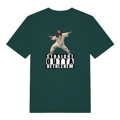 green funny jesus t-shirt with the graphic of jesus and the slogan 'straight outta bethlehem'