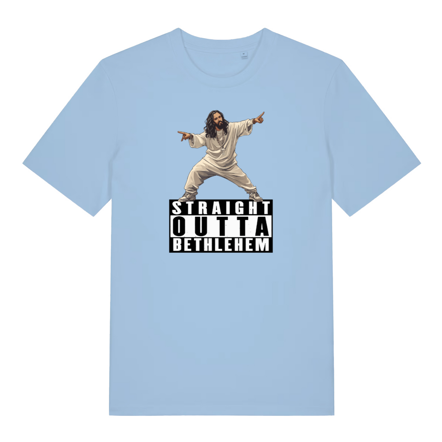 light blue funny jesus t-shirt with the graphic of jesus and the slogan 'straight outta bethlehem'