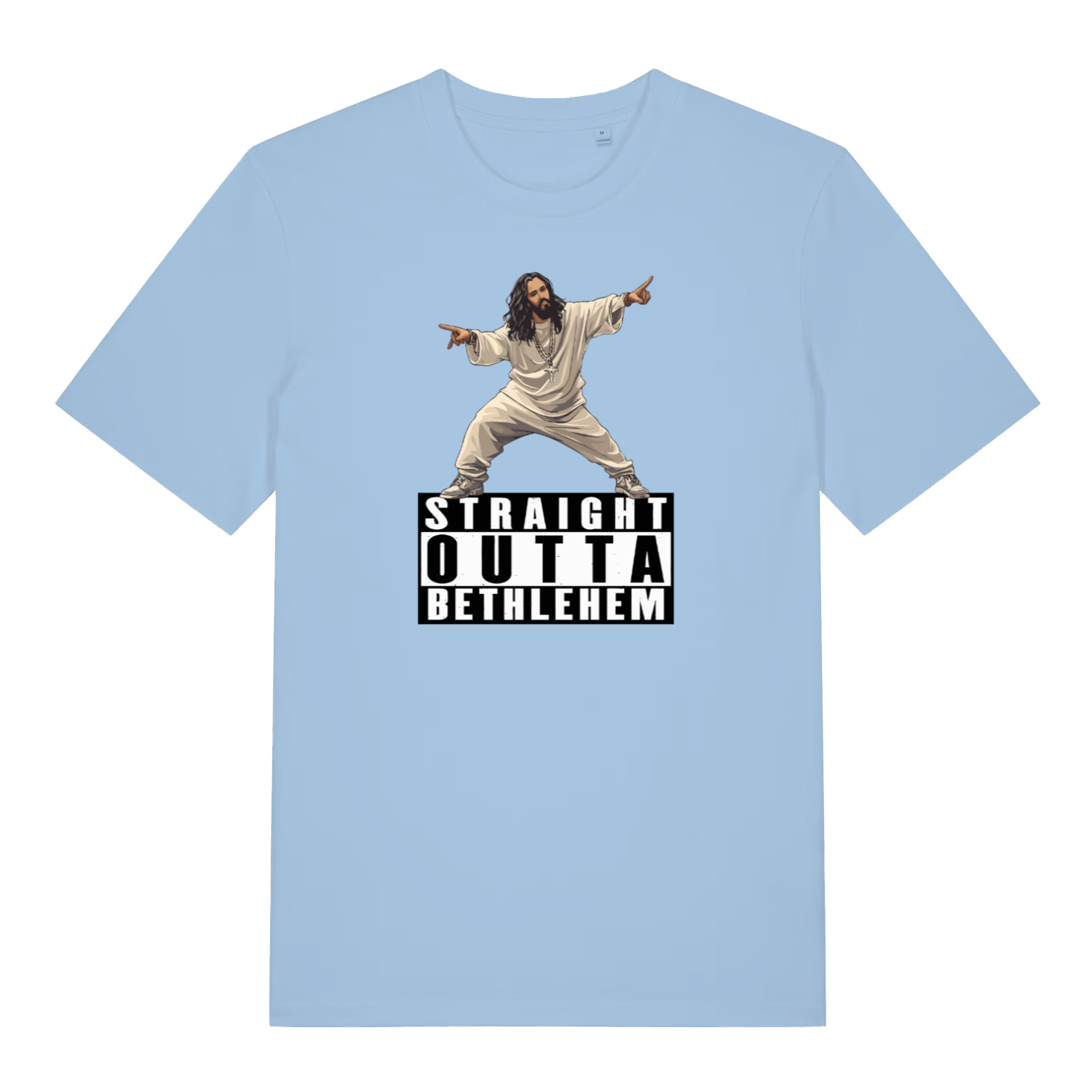 light blue funny jesus t-shirt with the graphic of jesus and the slogan 'straight outta bethlehem'