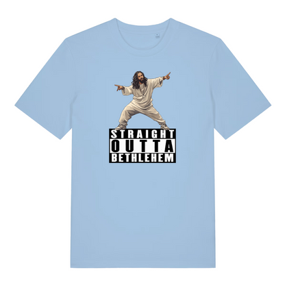 light blue funny jesus t-shirt with the graphic of jesus and the slogan 'straight outta bethlehem'