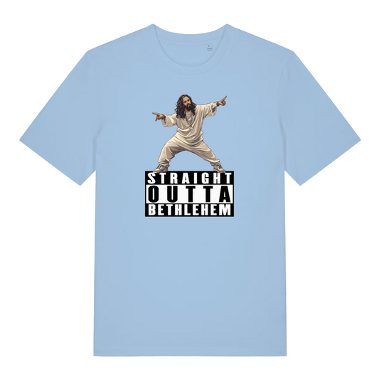 light blue funny jesus t-shirt with the graphic of jesus and the slogan 'straight outta bethlehem'