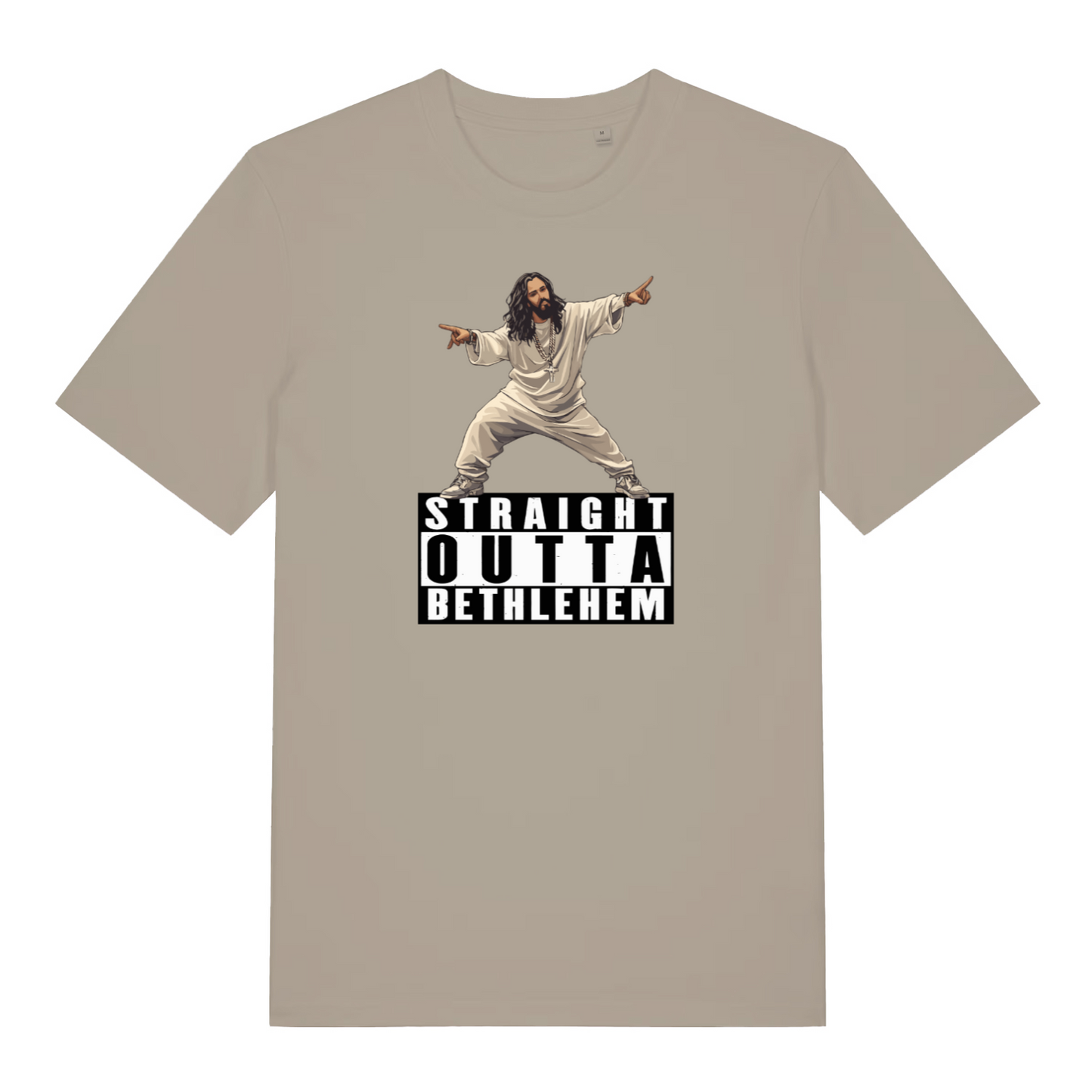 stone funny jesus t-shirt with the graphic of jesus and the slogan 'straight outta bethlehem'