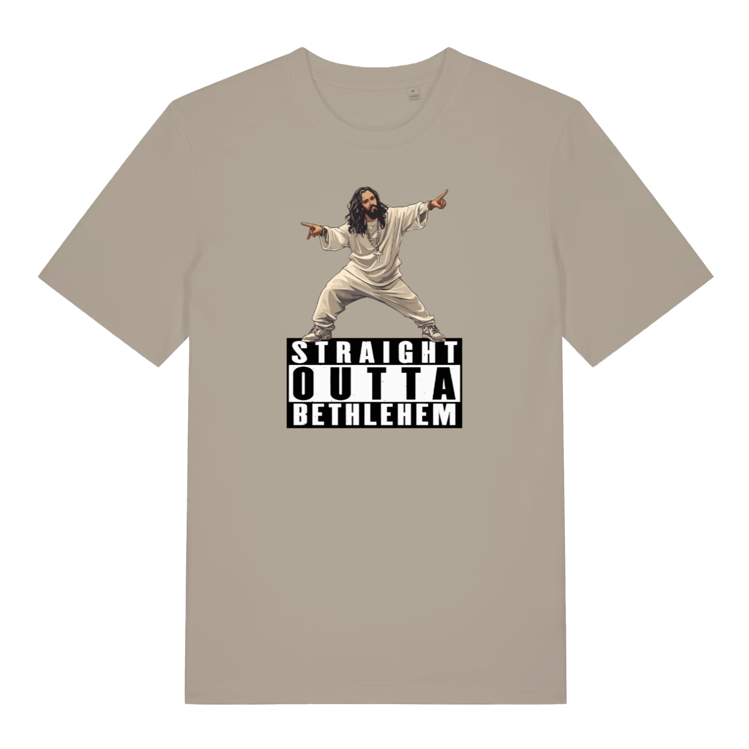 stone funny jesus t-shirt with the graphic of jesus and the slogan 'straight outta bethlehem'