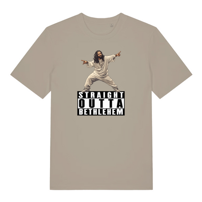 stone funny jesus t-shirt with the graphic of jesus and the slogan 'straight outta bethlehem'