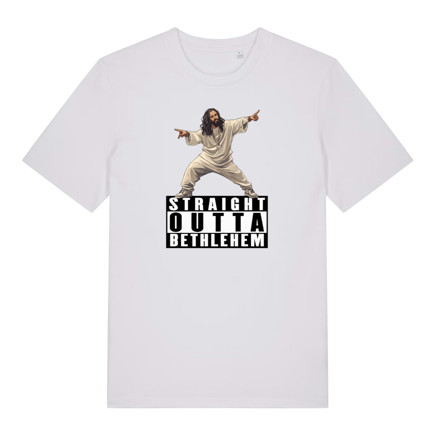white funny jesus t-shirt with the graphic of jesus and the slogan 'straight outta bethlehem'