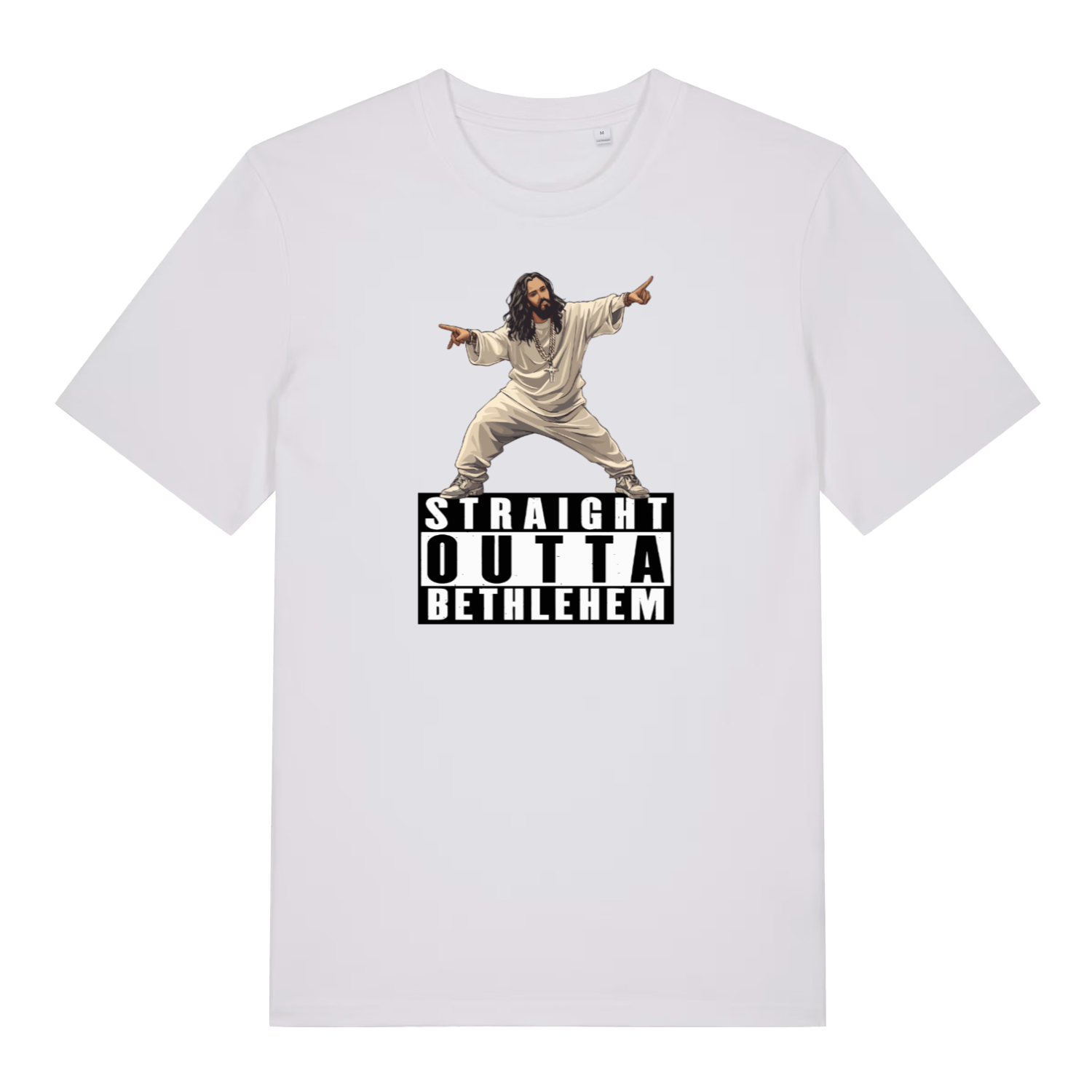 white funny jesus t-shirt with the graphic of jesus and the slogan 'straight outta bethlehem'