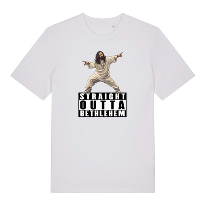 white funny jesus t-shirt with the graphic of jesus and the slogan 'straight outta bethlehem'