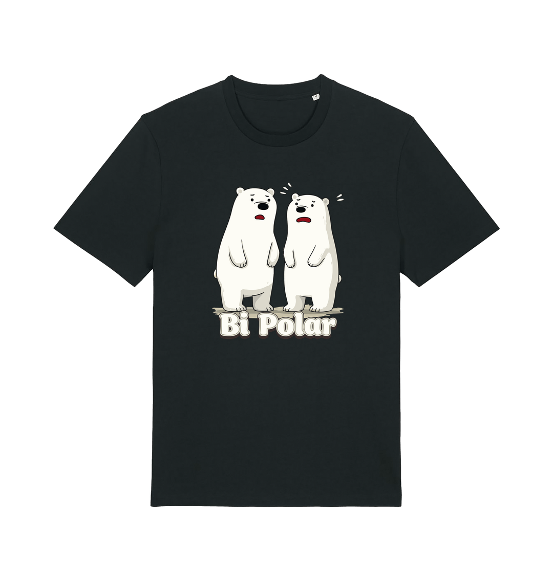 black t-shirt with cartoon polar bears and 'Bi Polar' text on 