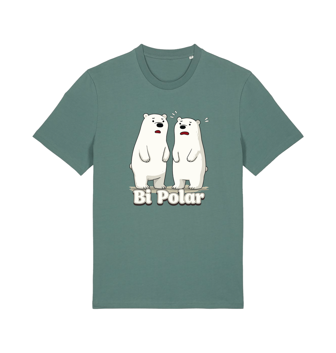 green t-shirt with cartoon polar bears and 'Bi Polar' text on 