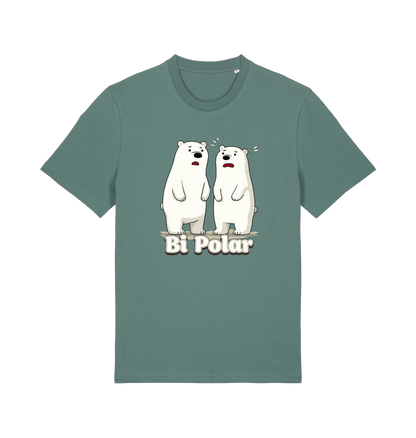 green t-shirt with cartoon polar bears and 'Bi Polar' text on 