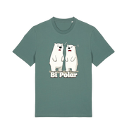 green t-shirt with cartoon polar bears and 'Bi Polar' text on 