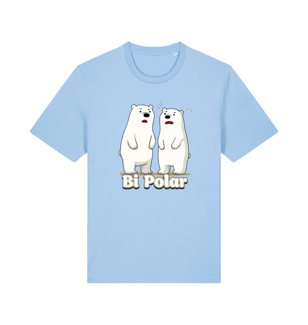 Light blue t-shirt with cartoon polar bears and 'Bi Polar' text on 