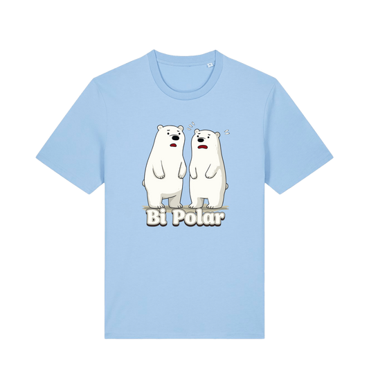 Light blue t-shirt with cartoon polar bears and 'Bi Polar' text on 