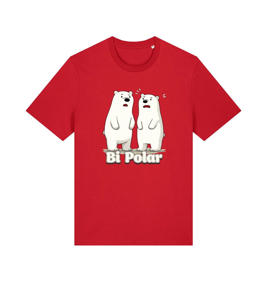 red t-shirt with cartoon polar bears and 'Bi Polar' text on 