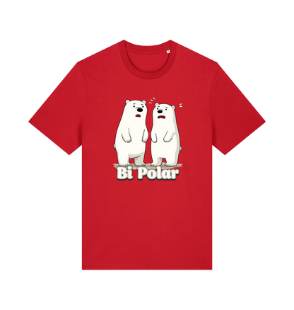 red t-shirt with cartoon polar bears and 'Bi Polar' text on 