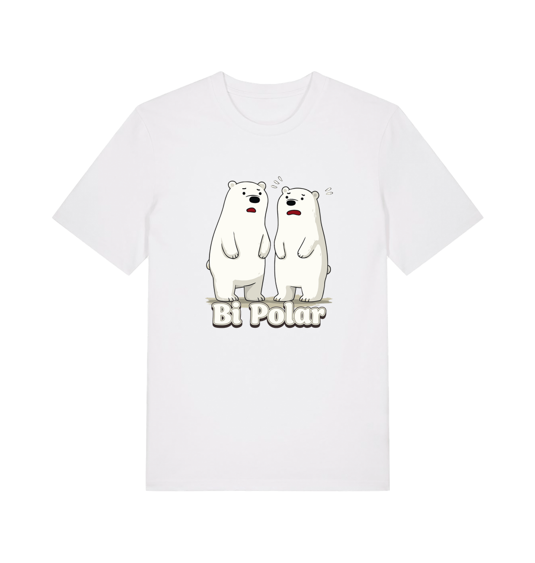 white t-shirt with cartoon polar bears and 'Bi Polar' text on 