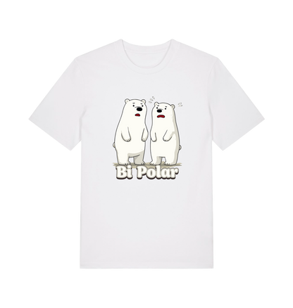 white t-shirt with cartoon polar bears and 'Bi Polar' text on 