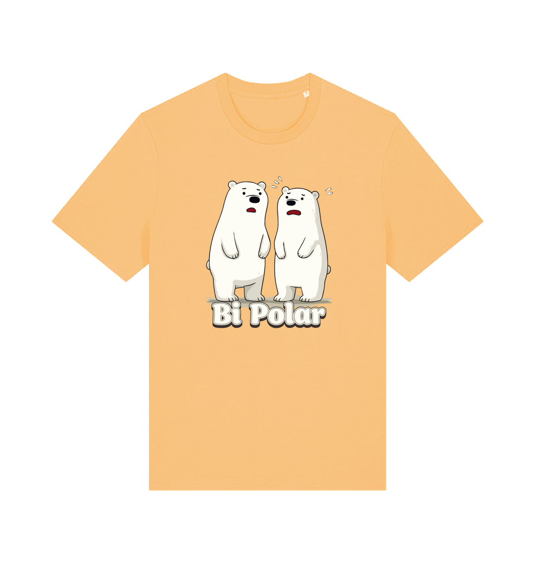 yellow t-shirt with cartoon polar bears and 'Bi Polar' text on 