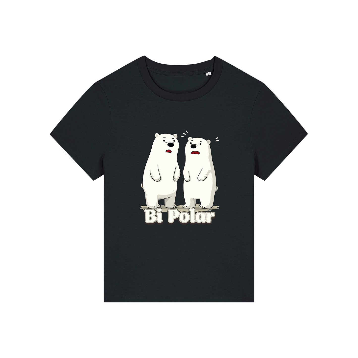 Black funny animal t-shirt with cartoon polar bears and the slogan 'Bi Polar' 
