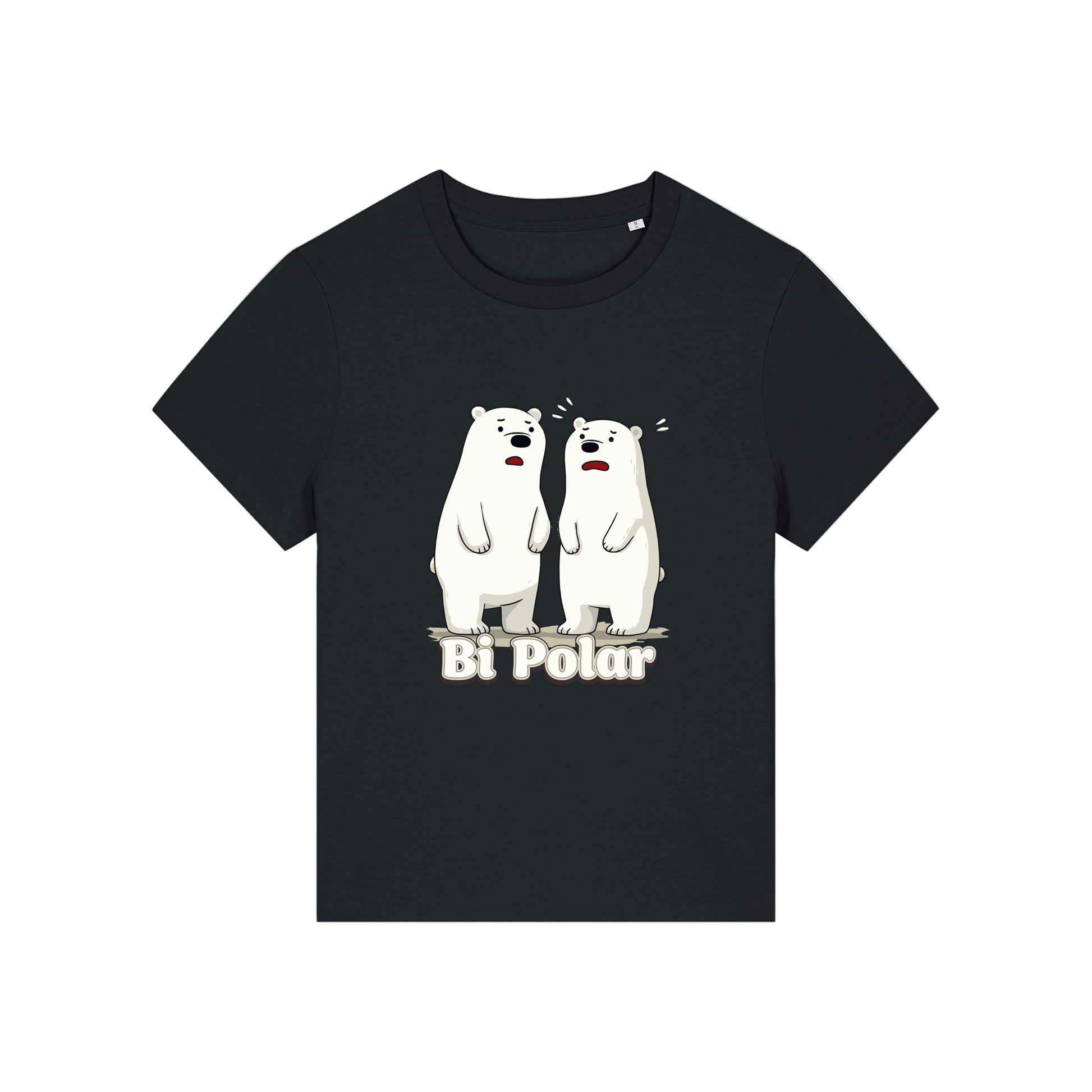 Black funny animal t-shirt with cartoon polar bears and the slogan 'Bi Polar' 