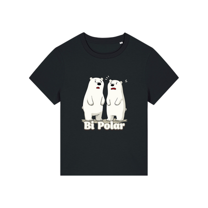 Black funny animal t-shirt with cartoon polar bears and the slogan 'Bi Polar' 