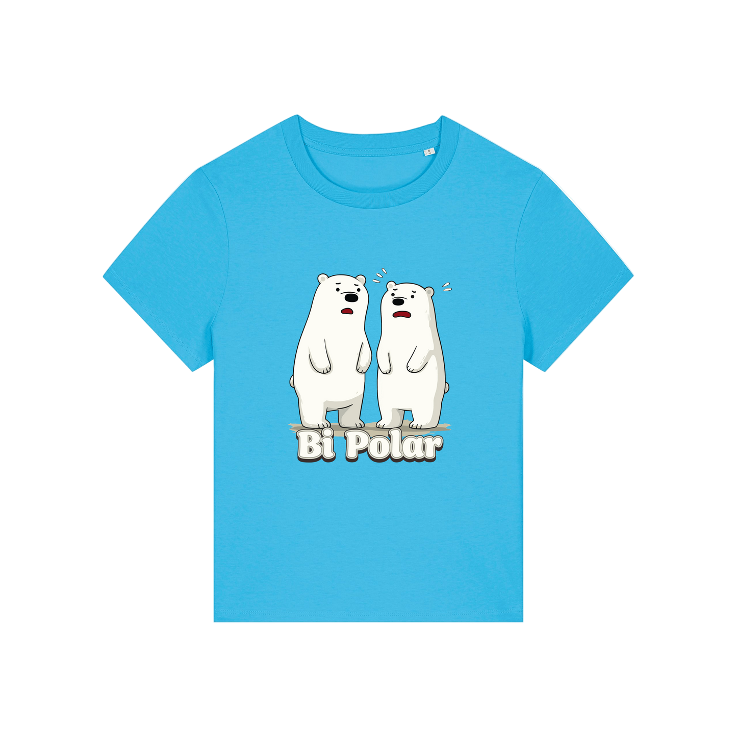 blue funny animal t-shirt with cartoon polar bears and the slogan 'Bi Polar' 