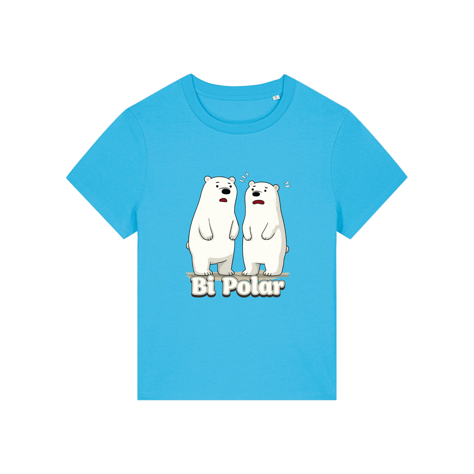 blue funny animal t-shirt with cartoon polar bears and the slogan 'Bi Polar' 
